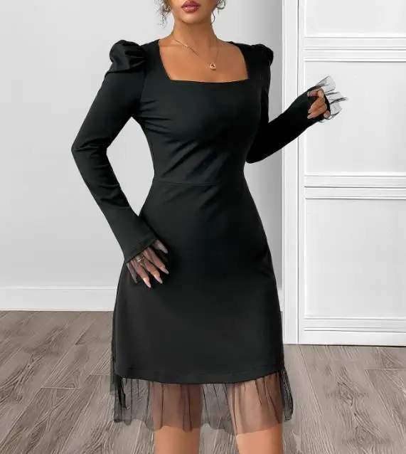 الخريف ساحة الرقبة فقاعة كم مزاجه تنورة قصيرة عالية الخصر شبكة الربط ألف خط اللباس #1