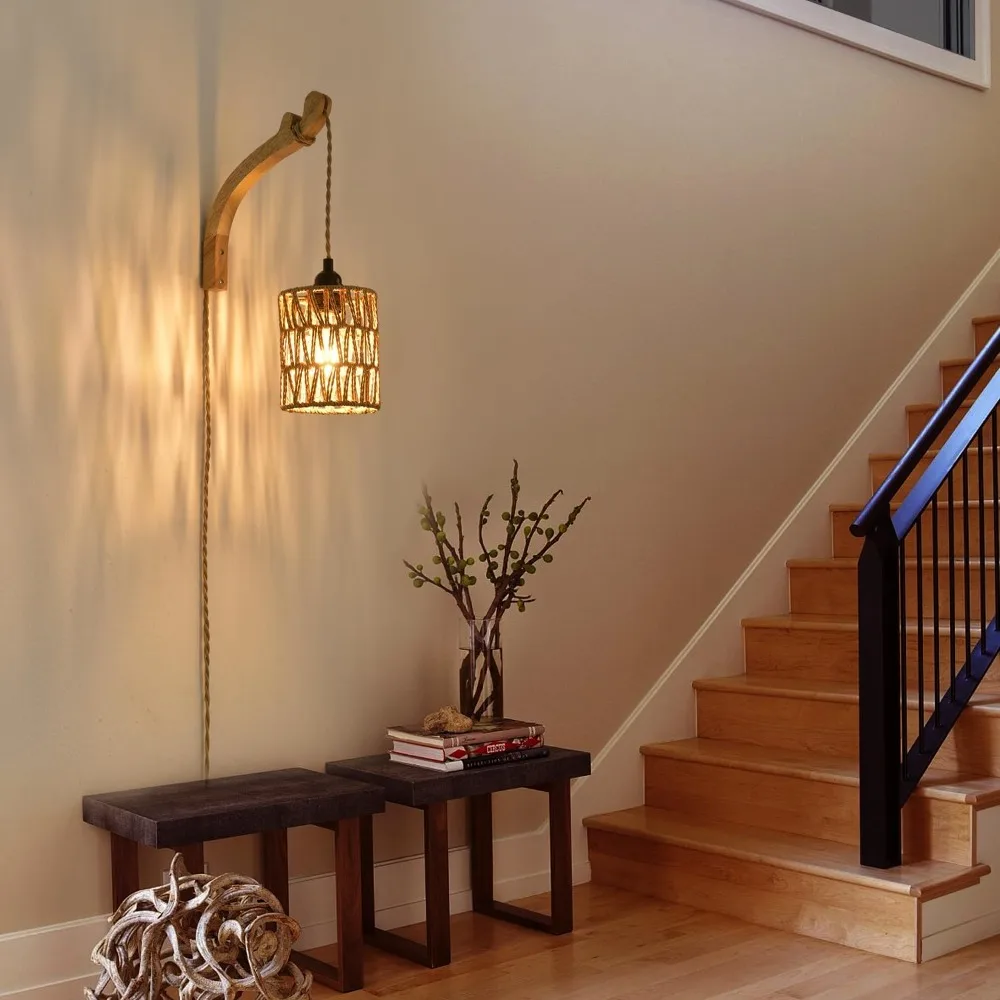 

Plug in Wall Sconce Farmhouse Wicker Wall Lamp Hand Woven Rattan Wall Light Boho Sconces Indoor Lighting for Living Room Bedroom