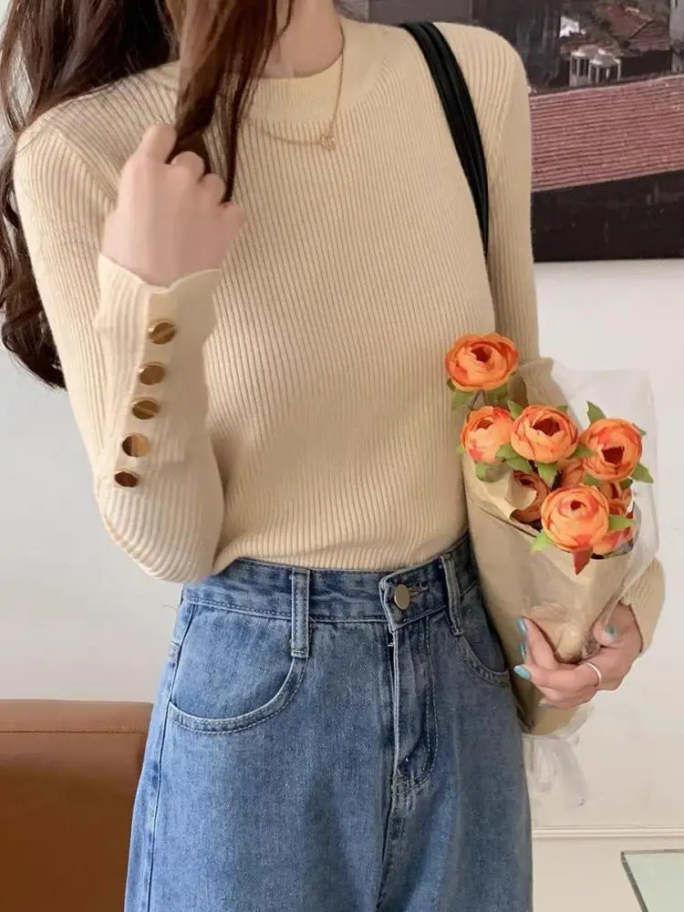 women thick sweater pullovers khaki casual autumn winter button o-neck chic sweater female slim knit top soft jumper tops 2024