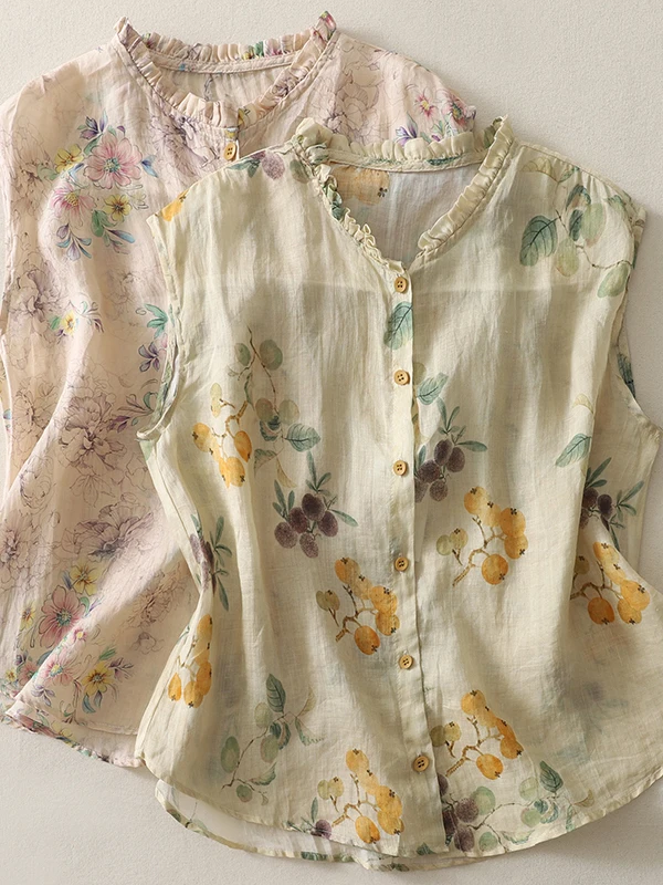 

Summer 2025 Korean Design Floral Print Top Women's Casual Shirt Slimming Versatile Flower Collar Button Closure Loose Fit