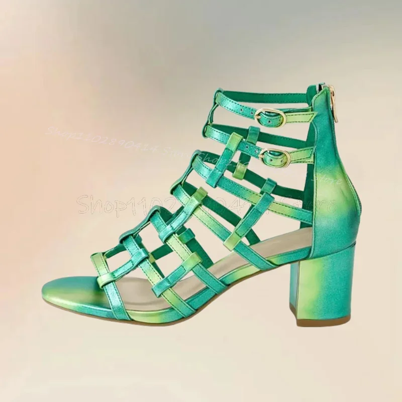 Green Hollow Design Buckle Decor Open Toe Sandals Back Zipper Women Shoes Chunky High Heels New Dating 2026 Zapatos Para Mujere