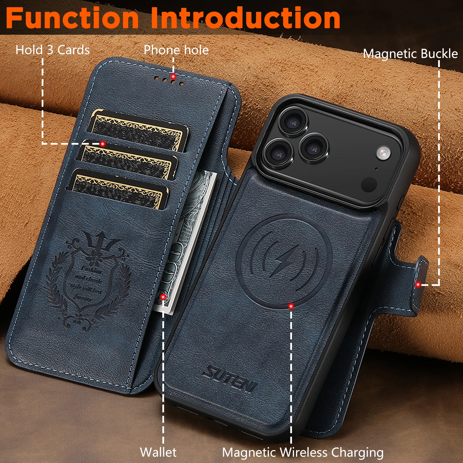 SUTENI Kunstleder Kabelloses Ladegerät Kartenhalter Ständer Brieftasche Magnetische Klapphülle Handyhülle für iPhone 18 Pro Max 17 16 15 14 – Detail 25