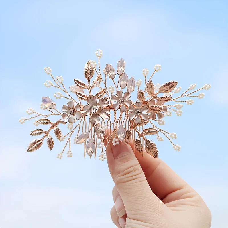 Rose Gold Color Crystal Pearl Flower Leaf Hair Comb Clip Hairpin Headband For Women Bride