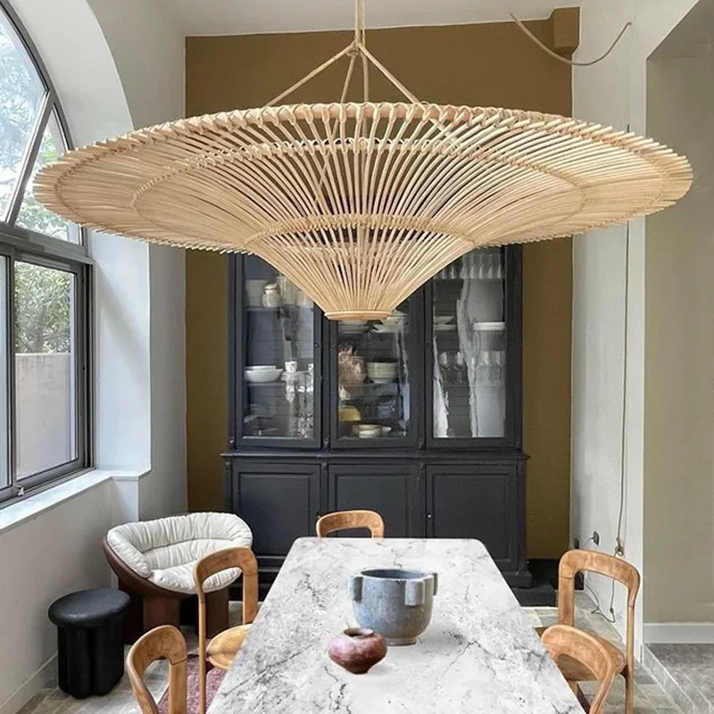 Vintage LED Pendant Light Nordic Umbrella Handmade Rattan Lamp for Living Room Bedroom Hall Dining Rom Table Living Room Lustre