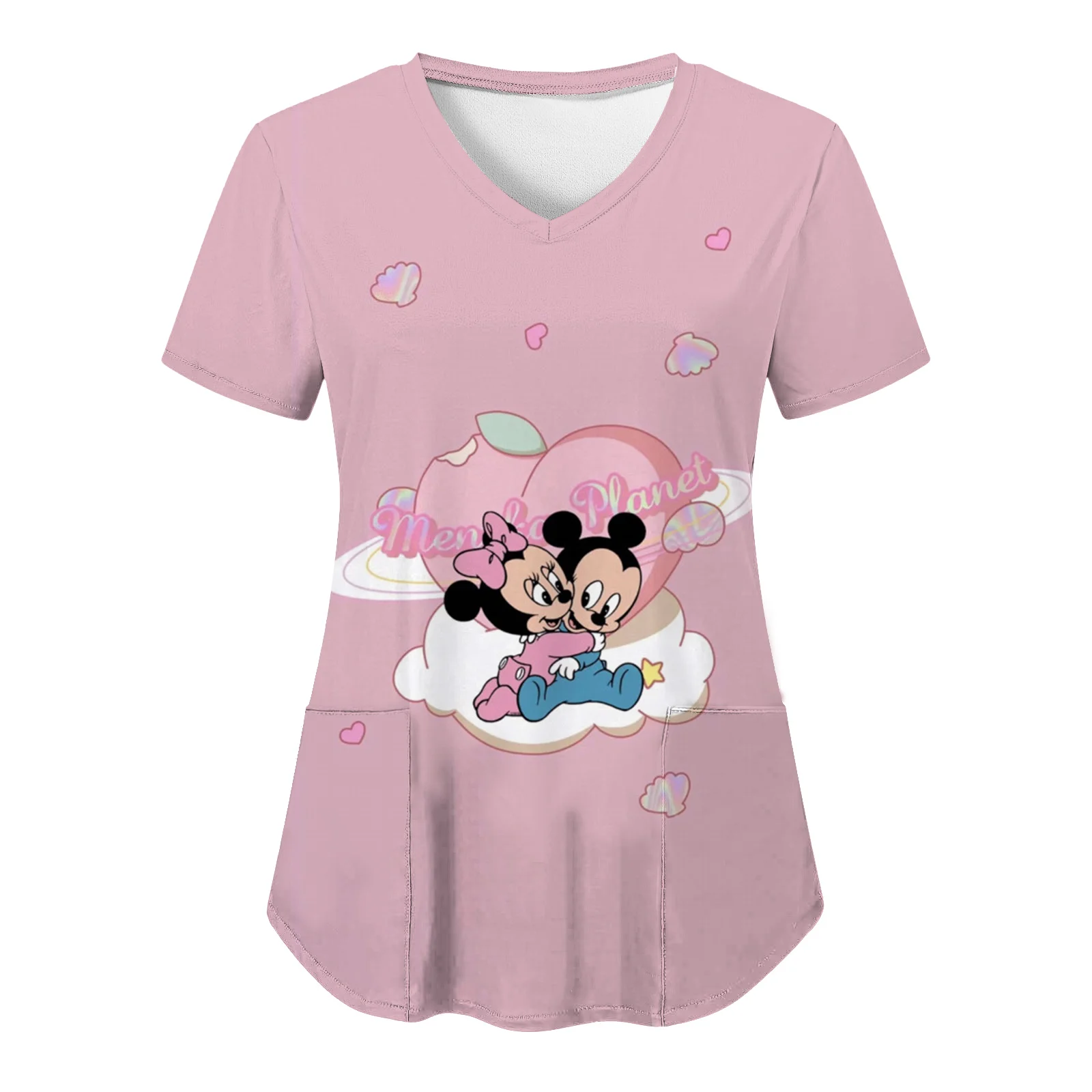 T-shirt d'uniforme d'infirmière d'hôpital pour femmes, haut Disney Minnie Mouse, vêtements à col en V avec poches, t-shirts pour