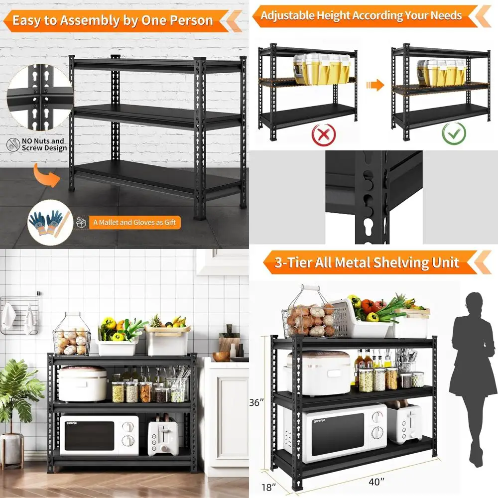 

Heavy-Duty 3-Tier Metal Shelving Unit, 40W x 18D x 36H, 1320 lbs Capacity, Adjustable Shelves for Storage in Garages, Pantries,
