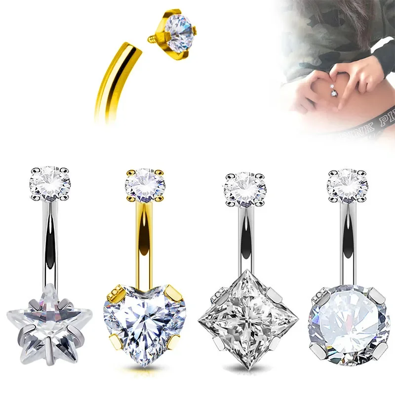 G23 Titanium PIERC Internal Thread Navel Piercing Dangle Body Sexy Belly Button Rings Zircon Square Heart Prong Set Navel Rings