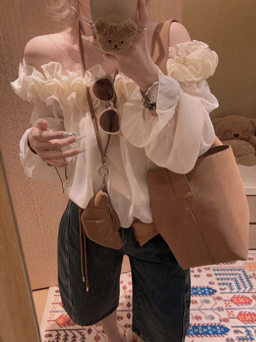 

Yukiss Flared Sve Chiffon Top One oulder Lace Trim plus Size Women's irt Regular Length Long Sve Floral Print