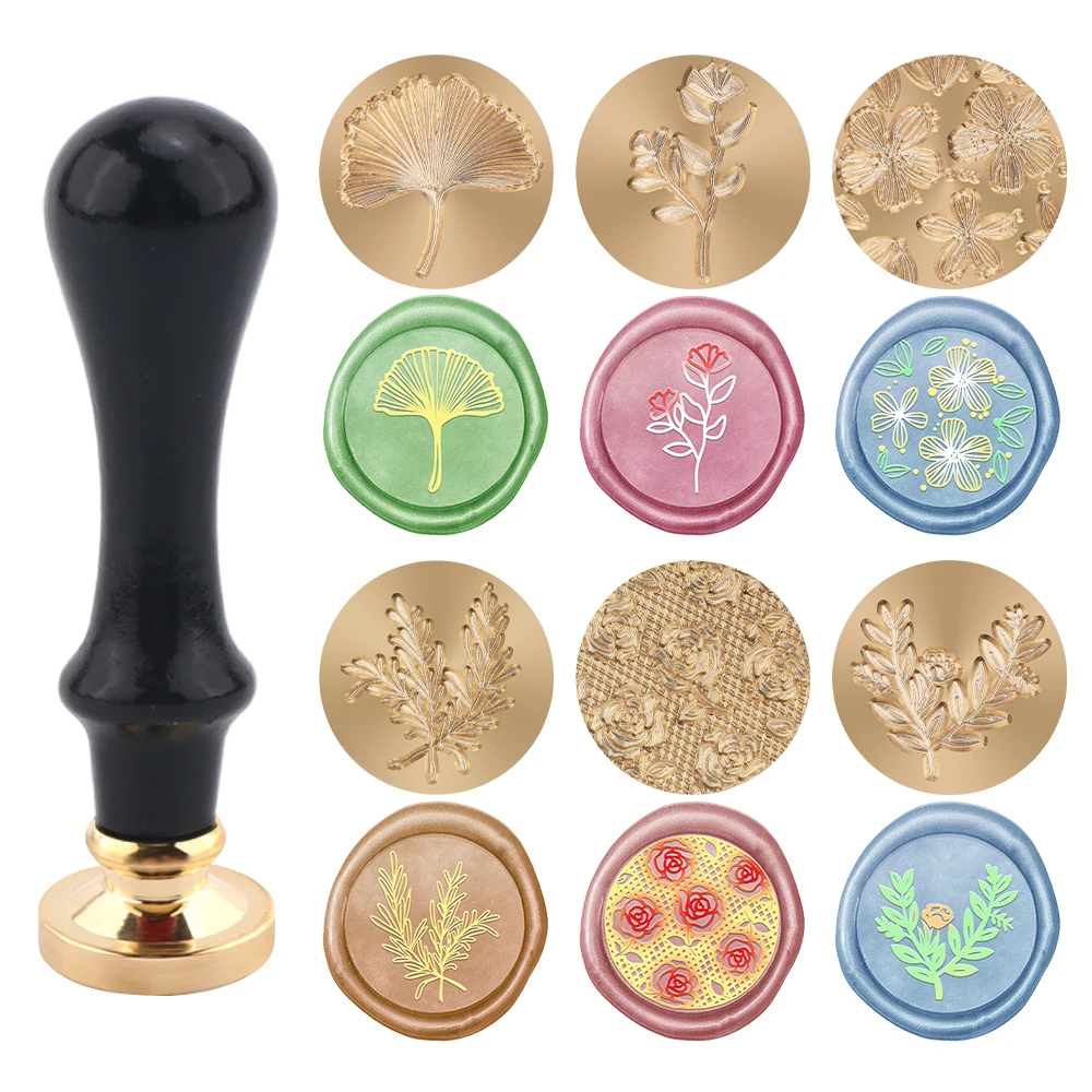 

Floral Stamps Botanical Sealing Stamper Kit, Rose Leaves Wooden Handle with Brass Head for Wedding Greeting Cards Gift