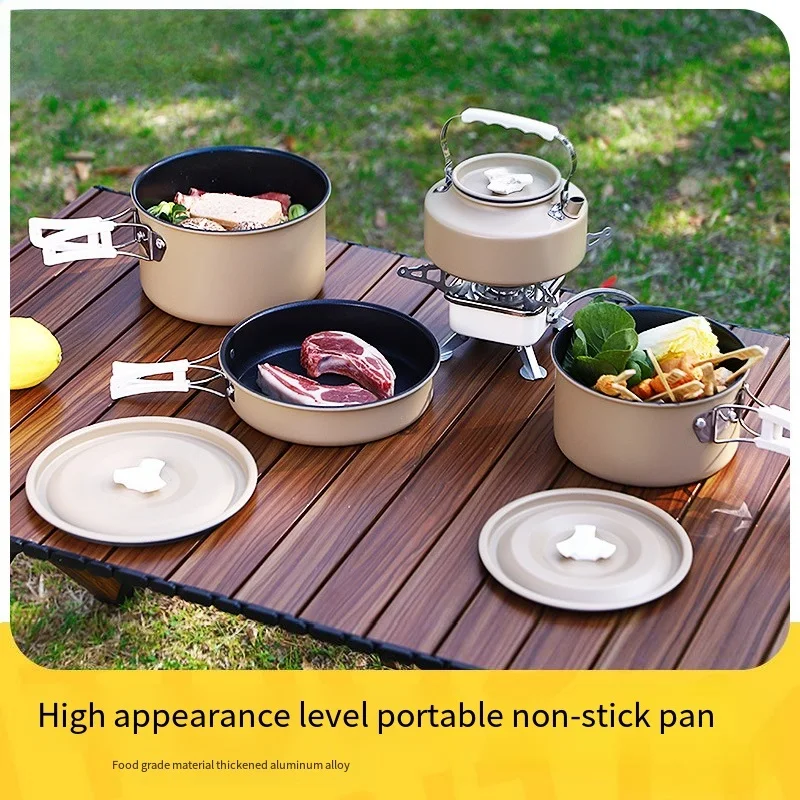 

Outdoor Camping Set of Pots and Pans Portable Aluminium Alloy Hard Oxide Pots and Pans Boil Kettle Combination Tableware