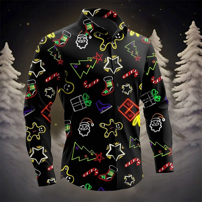 Christmas Mens Santa Claus Tree Gingerbread Man Formal Lapel Long Sleeve Casual Party Festival Autumn Winter Shirt 3D Printing