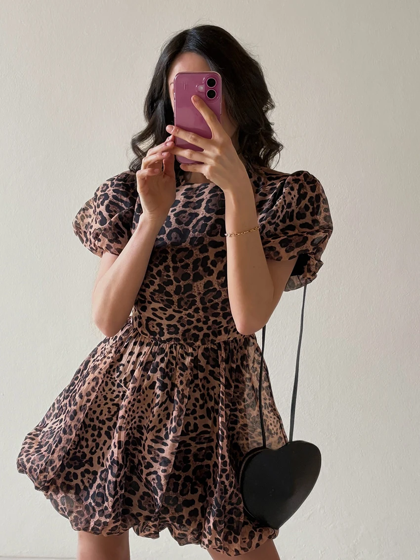 Marthaqiqi 2025 New Leopard Print Women Pajama O-Neck Sleepwear Short Sleeve Nightgown Mini Dress Casual Autumn Ladies Nightwear