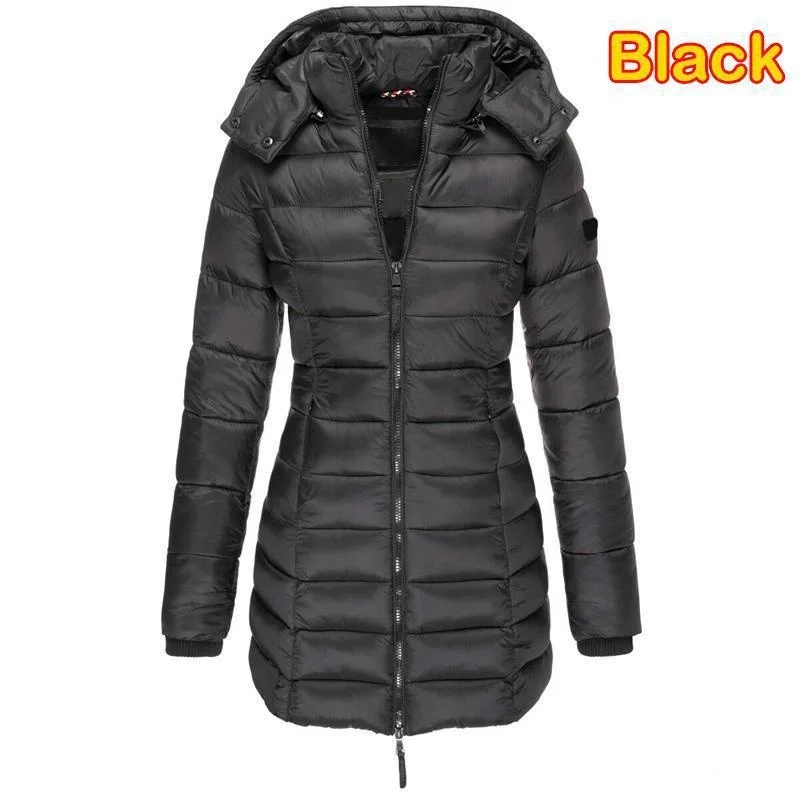 New fashionable women's zippered hooded down jacket casual thick and warm long jacket outdoor long sleeved down jacket