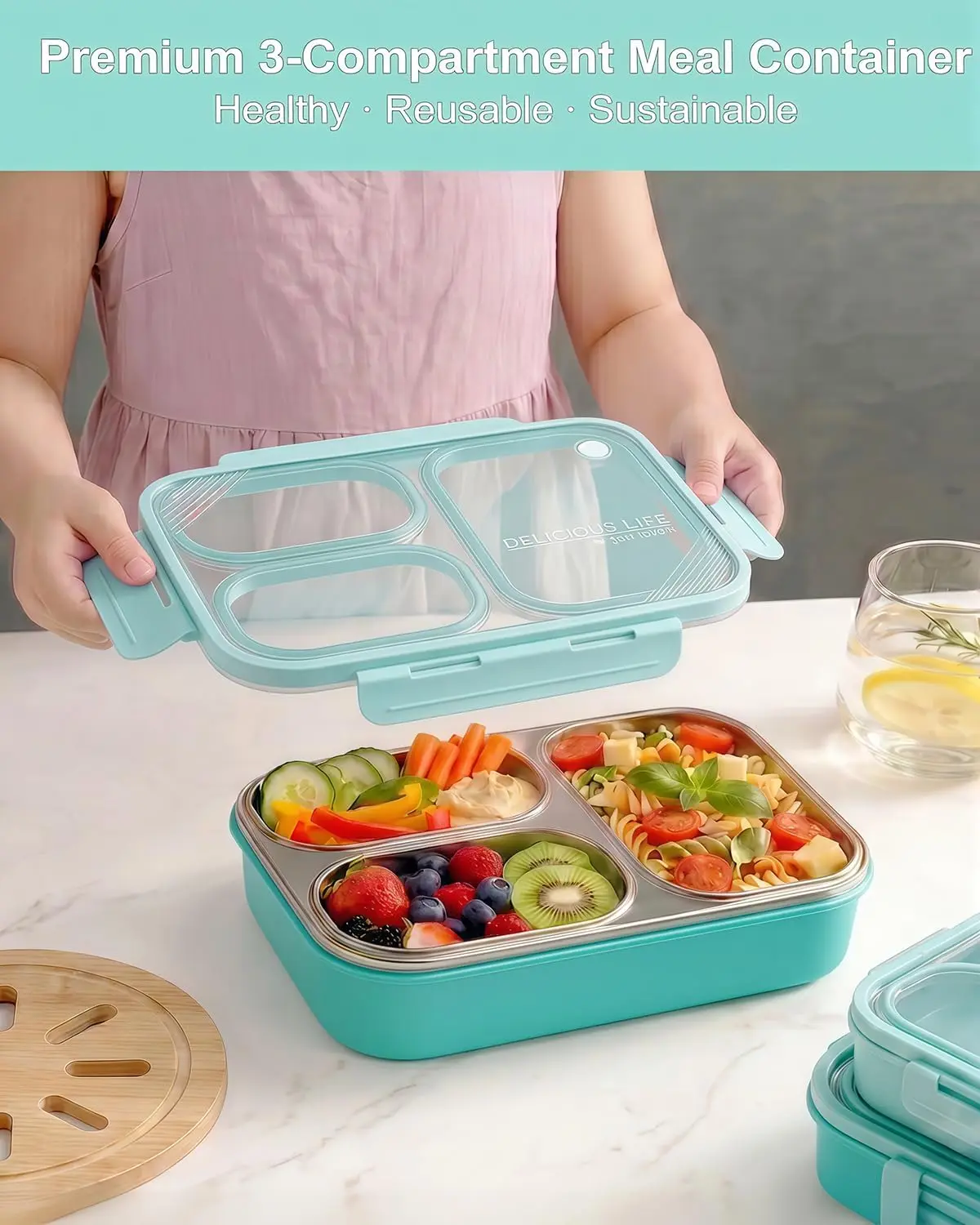 Stainless Steel Lunch Box, 3-Compartment Leakproof Metal Bento Box With Locking Lid, 25oz 304 Food-Grade Meal Prep Container For