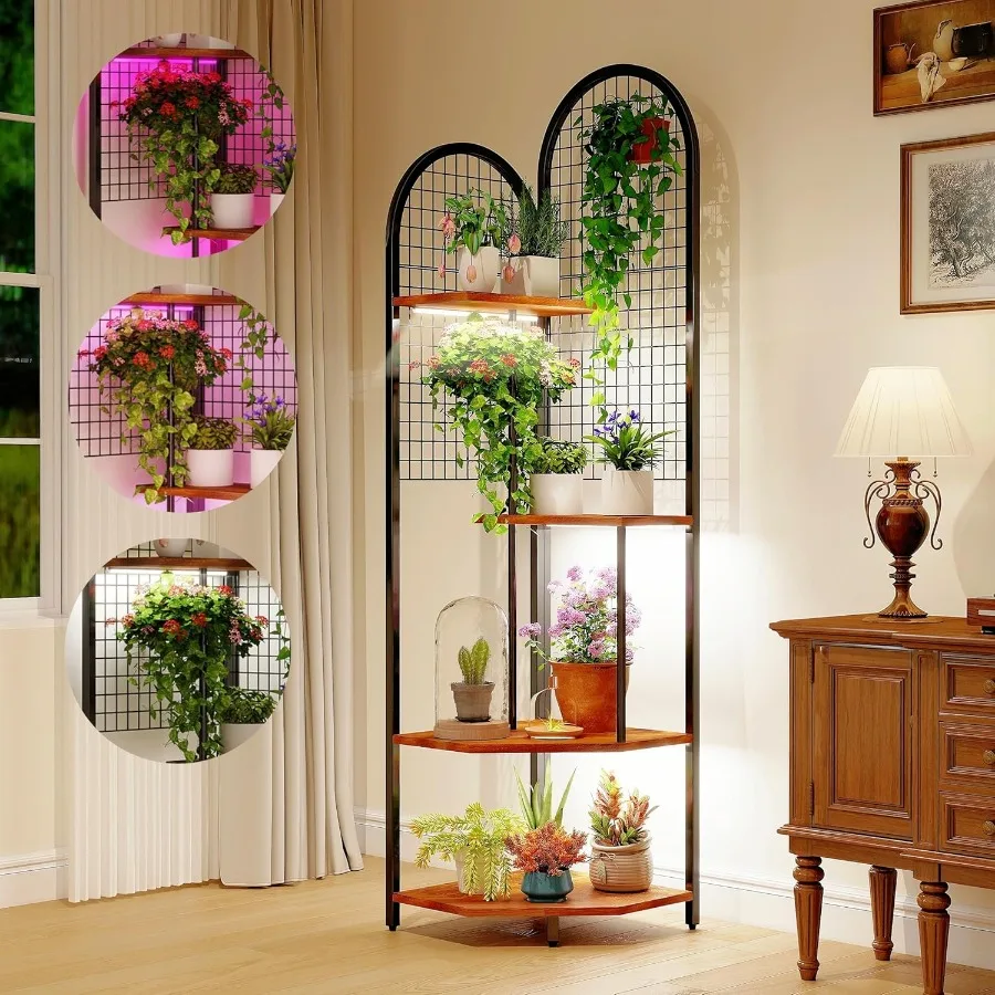 حامل نبات زاوية كبير مقاس 63 بوصة مع 4 مصابيح مدمجة وألواح شبكية سلكية للنباتات الداخلية 3 ألوان بإضاءة كاملة الطيف