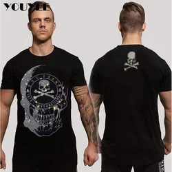 Men's T-shirt Handsome Skull Rhinestone Street Style Pok Homme Loose Tees Pure Cotton High Quality Black White Man Tops Clothes