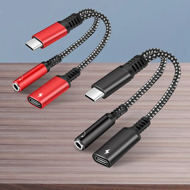 

60W 2 In 1 Type-C To 3.5mm Headphone Adapter 1 Male 2 Female Charge Audio Aux Adapter Fast Charging Cable For Earphone With Mic