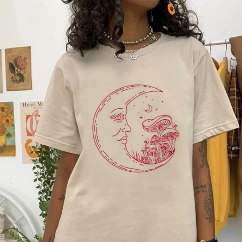 Moon Mushroom Painting T-Shirt Women Summer Casual Oversized Vacation Beach T Shirt Cute Aesthetic Holiday Tops