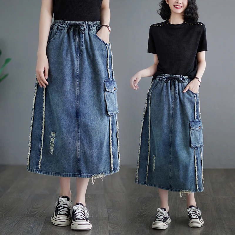 

High Waist Loose Women's Denim Skirt Retro Summer Casual Workwear Midi Skirt Slimming A-Line Cotton Blend Commute Sle