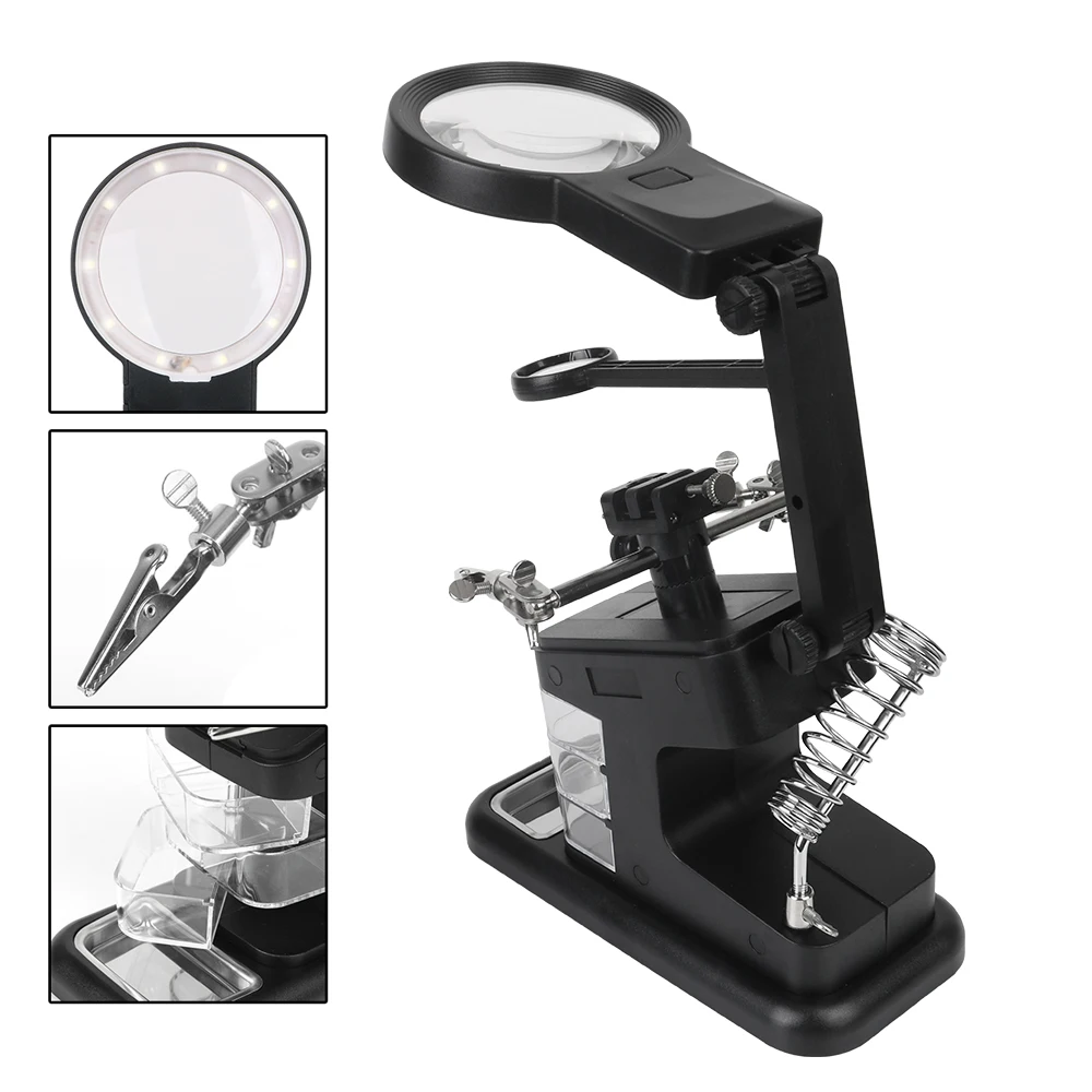 3 Hand Welding Tool With 3X/4.5X/25X Magnifying Glass Illuminated LED Alligator Clip Holder Soldering Iron Stand DIY