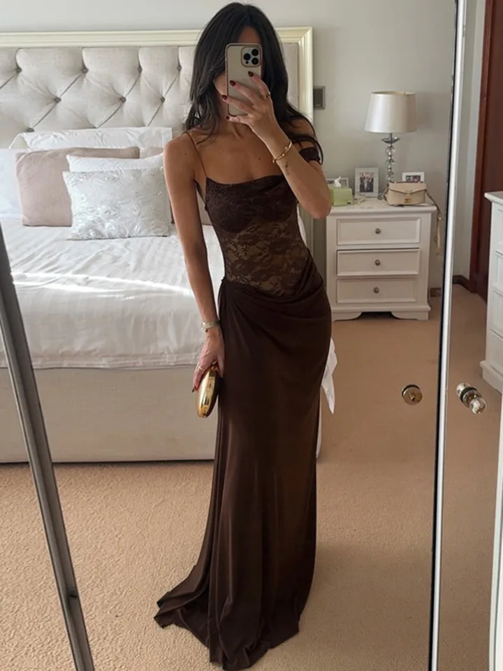 Vestido largo sexy de encaje transparente de un hombro para mujer, elegante, sin mangas, escote bardot, espalda descubierta, para fiesta 4