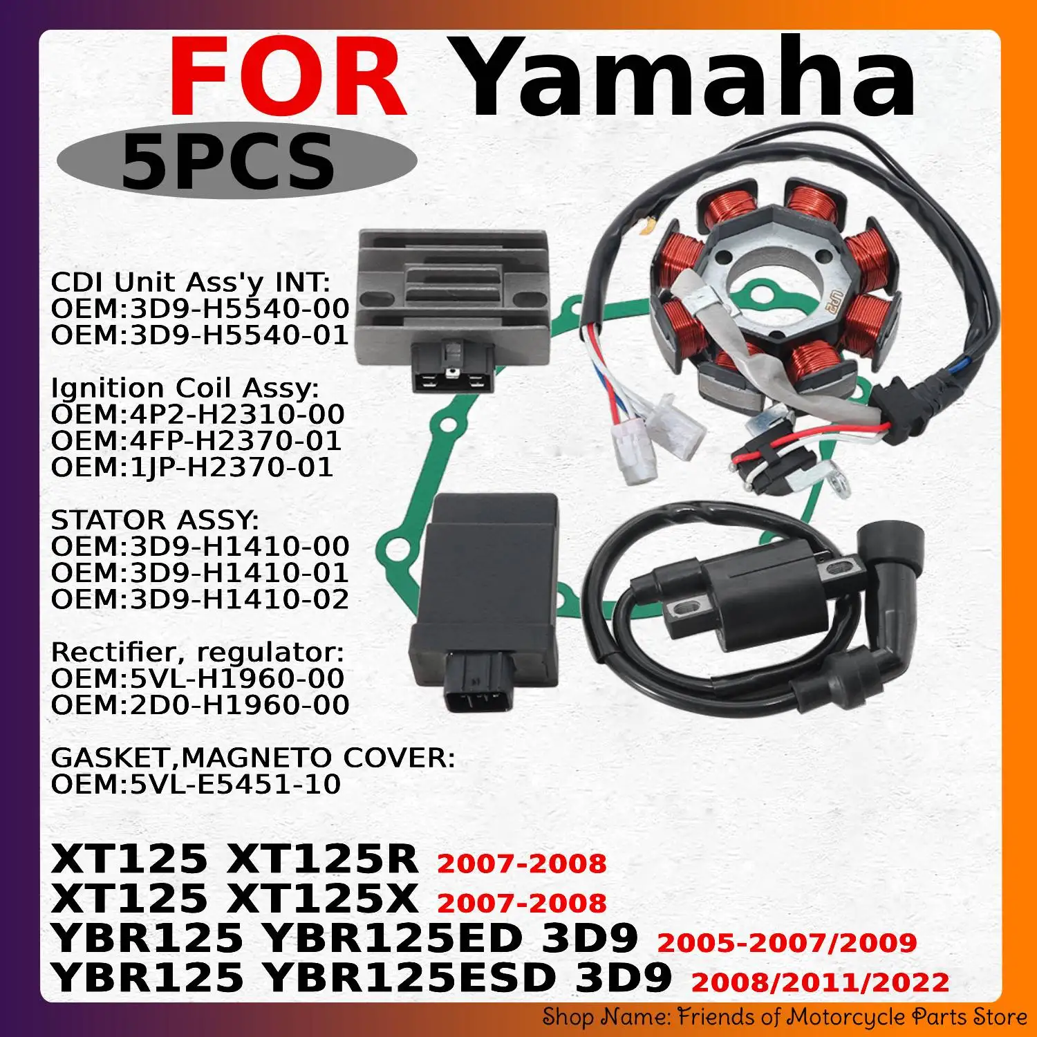 Stator CDI Ignition Coil Regulator Rectifier Magneto Gasket For Yamaha XT125R XT125X YBR125 2005‑2022 Motorcycle Electrical Part