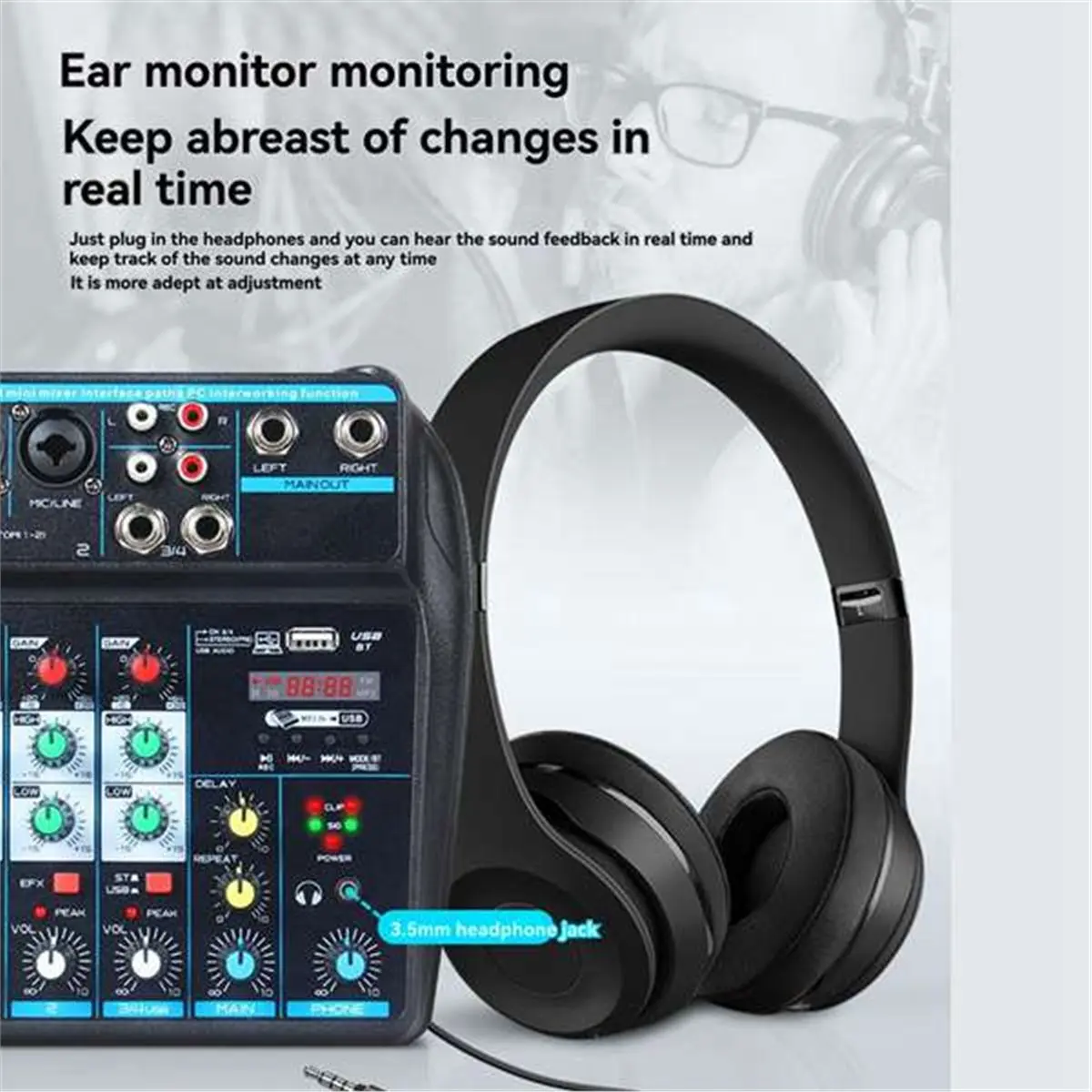 OKgood 4-Channel Mixer Bluetooth DJ Console Mixer with 48V Phantom Power USB Mixer Audio Karaoke DJ Mixing Console