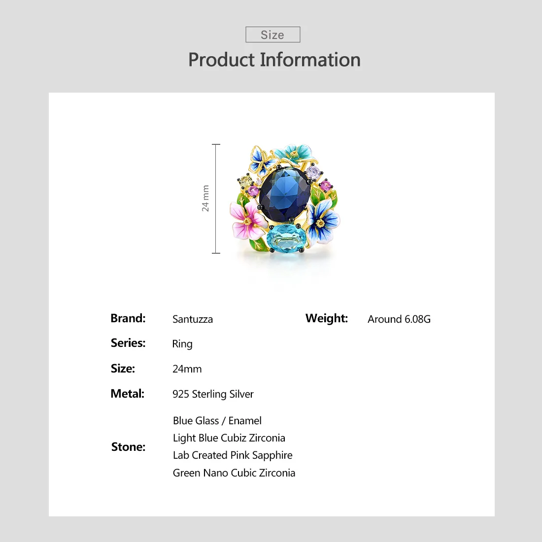 SANTUZZA Authentic 925 Sterling Silver Rings For Women Colorful Enamel Flower Blue Stone Ring Gorgeous Fashion Fine Jewelry