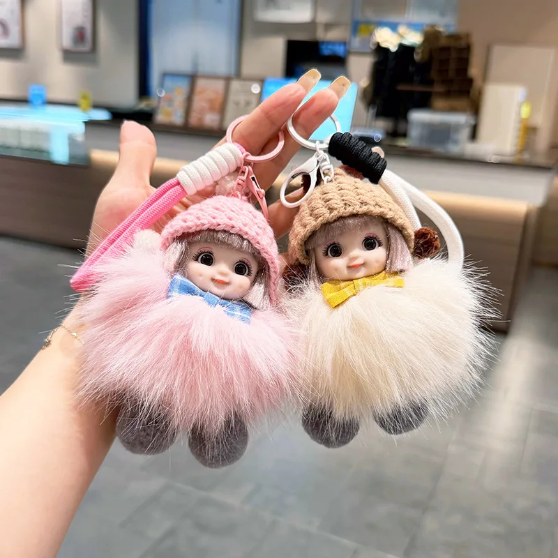 Faux Fox Fur Big Eye Princess Doll Plush Pendant Cute Plush Ball Keychain Small Coal Ball Keychain Bag Decor OB11 Doll For Gift