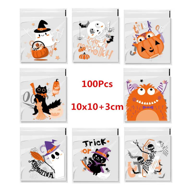 

100Pcs 10x10cm Halloween Series Printed Cookie Packaging Pumpkin Party Ghost Candy Baking Self-Adhesive Bags