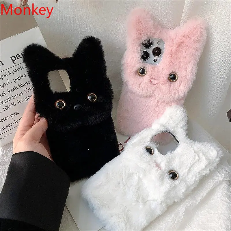 3D Cute Plush Cat Case For VIVO Y22 Y35 Y16 Y02S Y21 Y31 Y33S V25 V23E V21 V20 Y15S Y76 V15 Furry Fluffy Fur Soft Silicone Cover