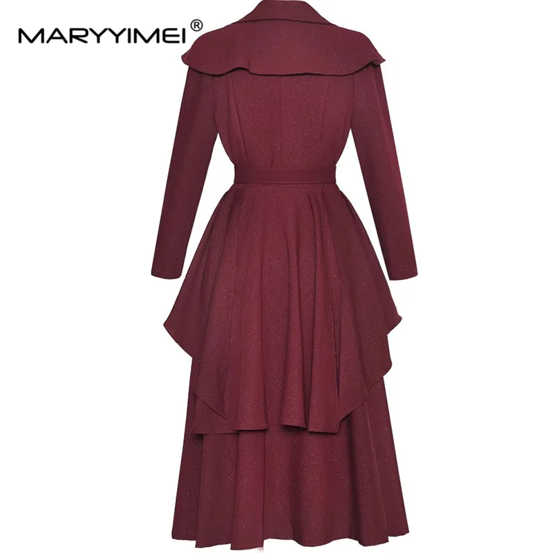 MARYYIMEI Autumn and Winter Women\'s Dress Turn-Down Collar Long-Sleeved Flounced Edge Splicing Dresses With Belt