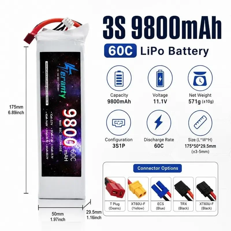[NEW]  11.1V 9800mAh Lithium Battery 60C High Rate for RC Car Boat Drone Aircraft Model