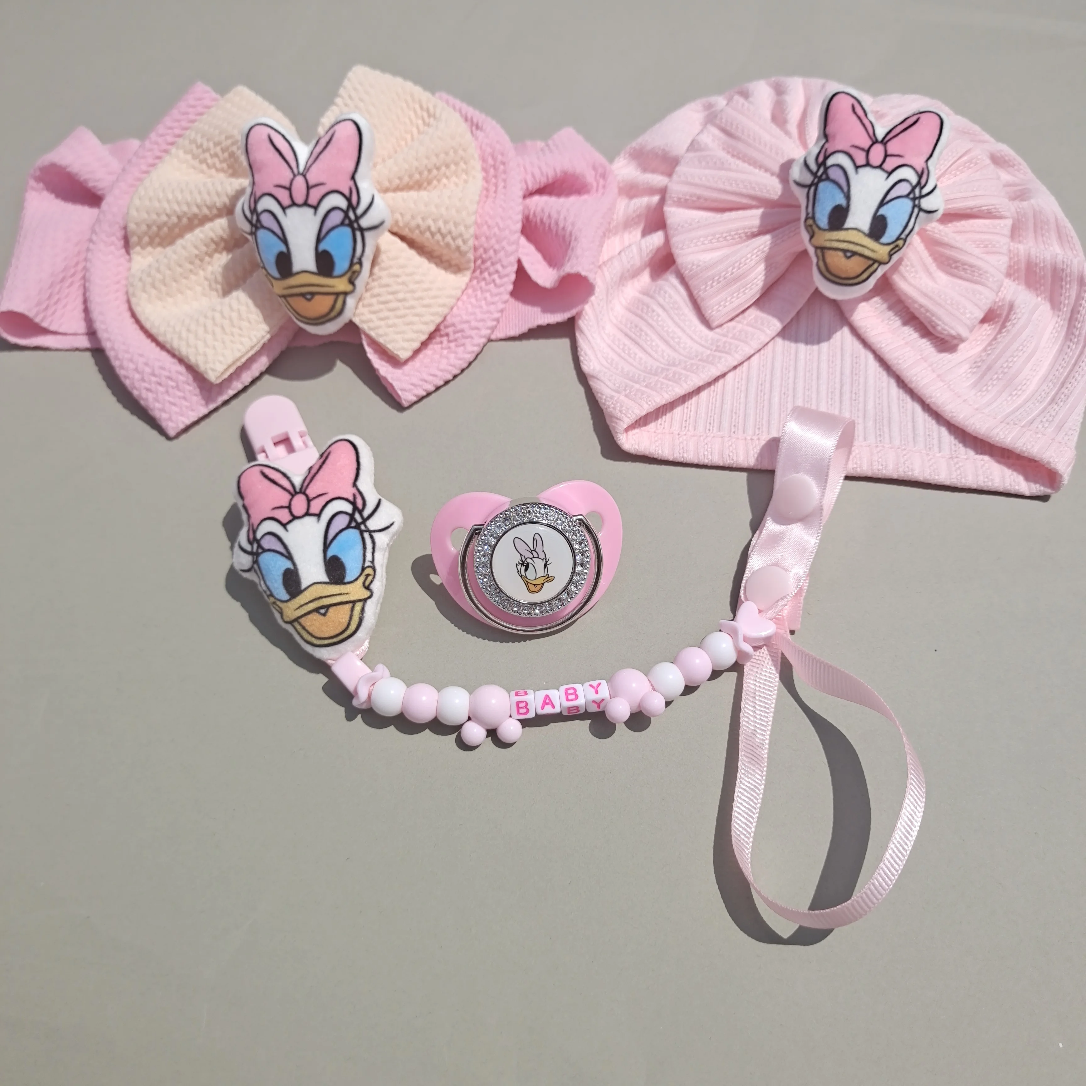 Disney Cartoon Solid Bow Cotton Newborn Caps for Kids Toddler Infant Hair Accessories Newborn Photography Customized Dummy Clip