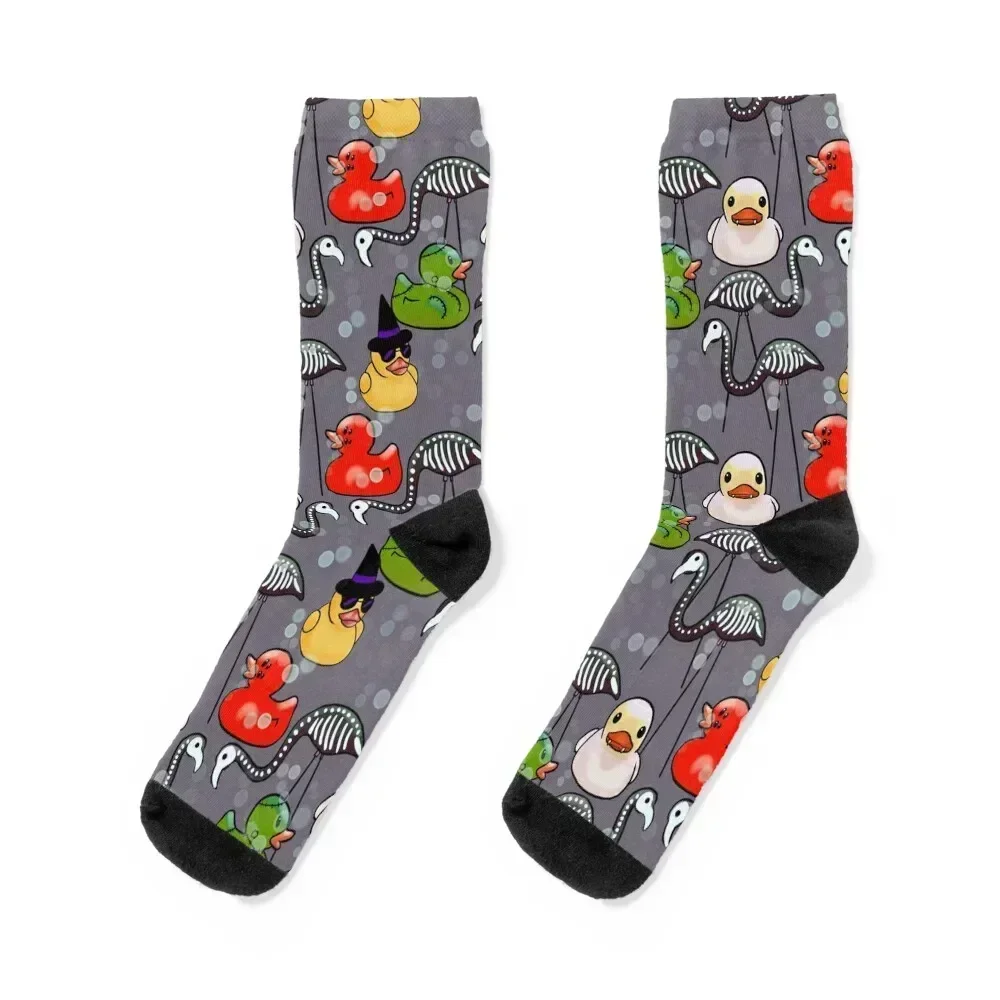 

Spooky Halloween Rubber Ducks and Pink Flamingo Skeletons Gray Socks new year colored Non-slip Ladies Socks Men's