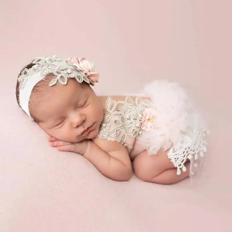 97BE Newborn Baby Lace Dress Photography Prop Costume Headbands Hat Outfit for Girls