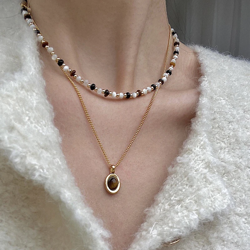 French Vintage Tiger Eye Stone Oval Black Agate Pendant Fashion Ins Women Beaded Necklace Clavicle Chain Girl Jewelry Exquisite