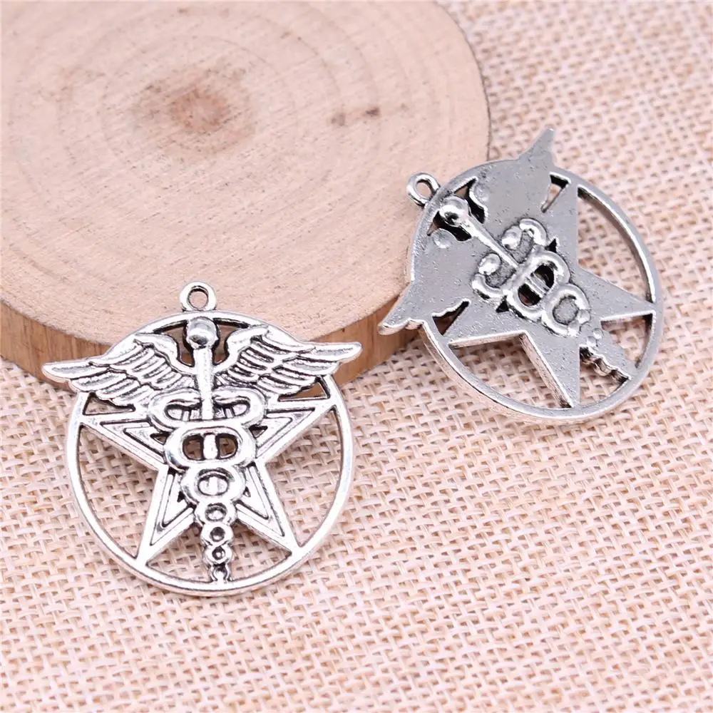 Wholesale 20pcs/bag 33x33mm Medical Cane Pentagram Star Charms Antique Silver Color For DIY Jewelry Making Zinc Alloy Charms