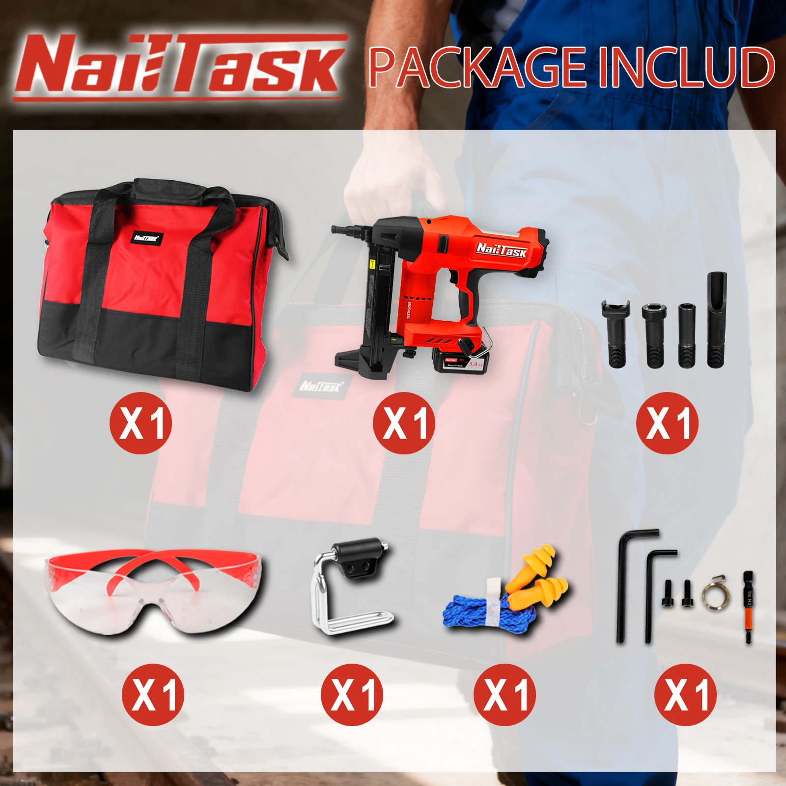 

NailTask Cordless Electric Concrete Nail Gun without Battery Heavy-Duty 20V Power Pin Nailer Kit Multi-Purpose Fastener Machine