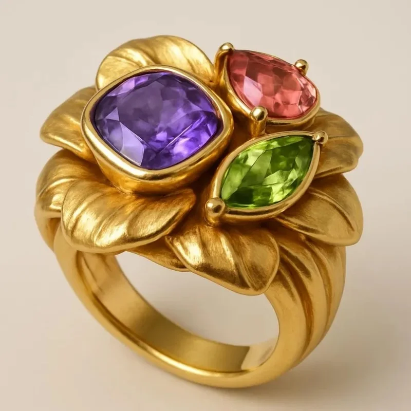 Damen Vintage-Ring in Blumenform mit mehrfarbigem synthetischem Zirkon besetzt, exquisiter Ring, modisches Party-Schmuckzubehör