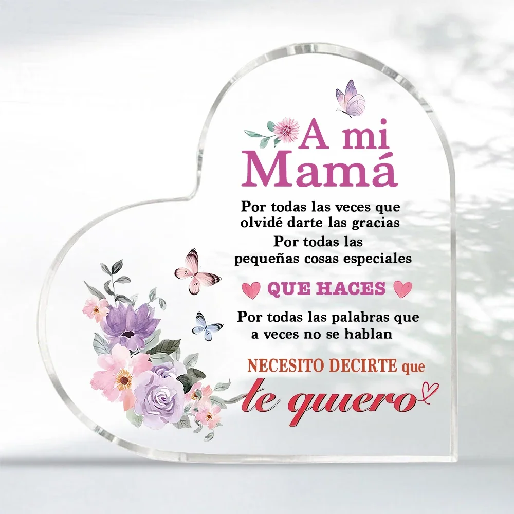 Heart Acrylic Plaque A mi Mamá Spanish Floral Butterfly Mother's Day Gift,Clear Heart Acrylic Sign Purple Flower Butterfly Mom Appreciation Desk Decor