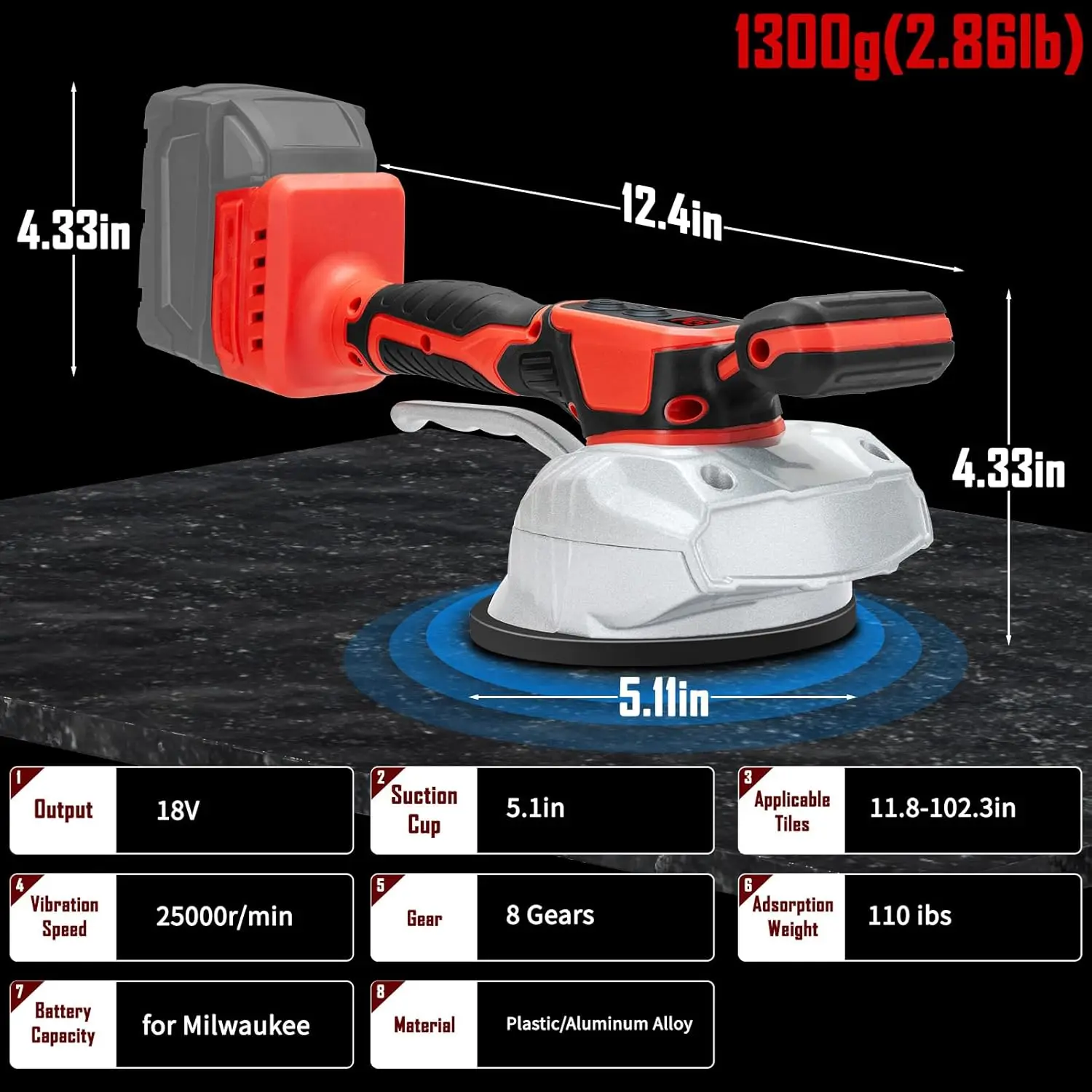 آلة تركيب اهتزاز البلاط اللاسلكي لبطارية ميلووكي، أدوات اهتزاز لوضع الزجاج على الحائط قابلة للتعديل بـ 8 سرعات