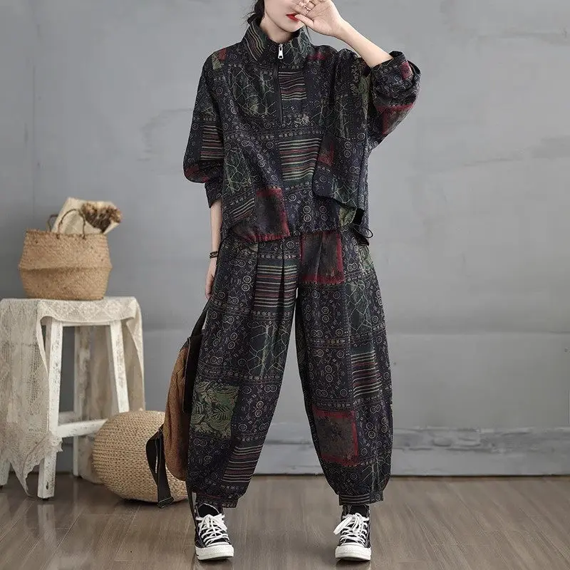 Printed Retro Fashion Sets Outfits Loose Large Size Casual Cotton And Linen Bat Sleeves Autumn Two-Piece Pants Tracksuit K2443