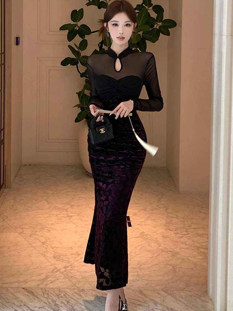 2025 preto jacquard retalhos malha pura sexy vestido longo feminino elegante vestido de noite de luxo outono inverno coreano bodycon vestidos