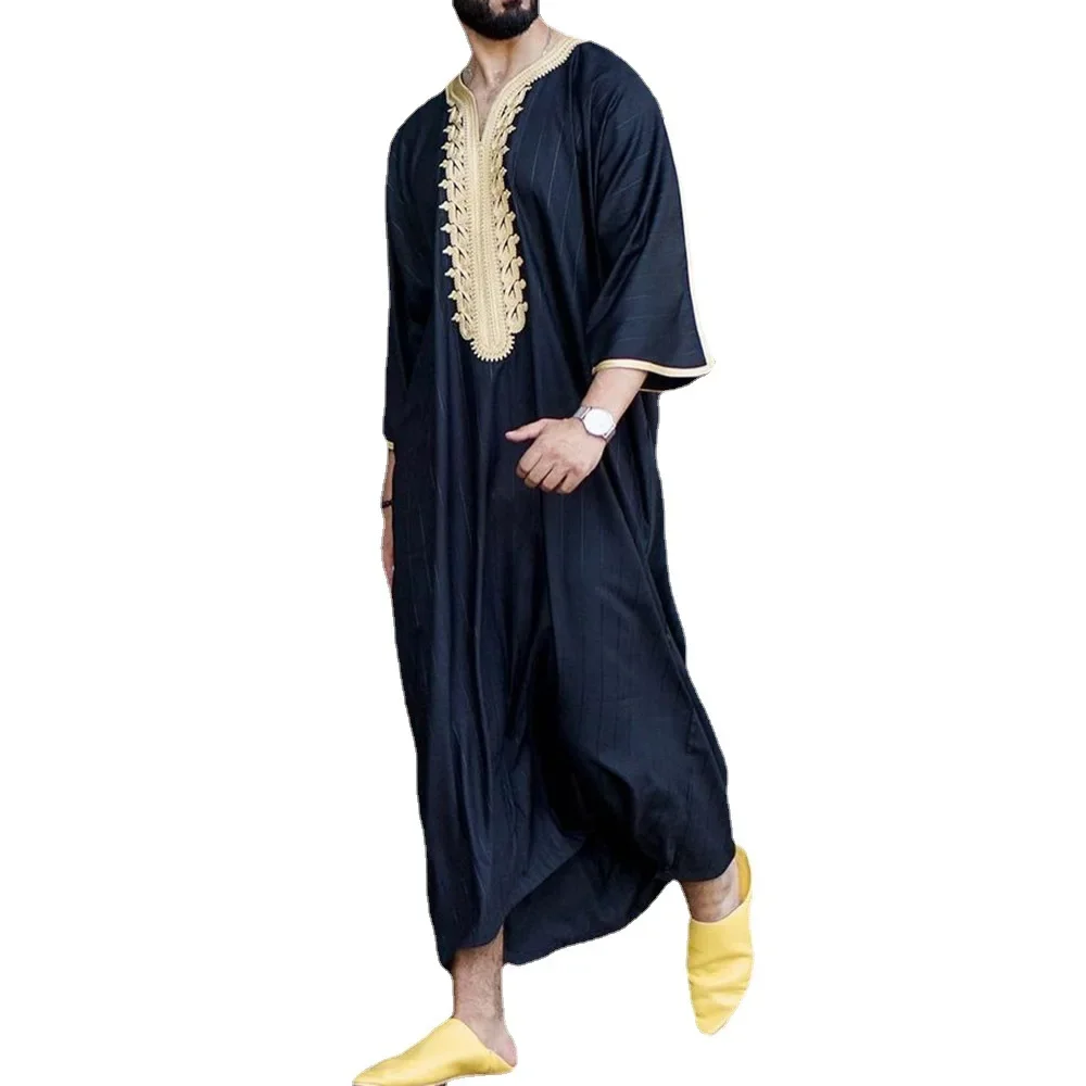 Men Muslim Summer Fashion Loose Robe Islam Kaftan Men Clothing Dubai Luxury Muslim Abaya Muslim V-neck Short Sleeve Printing