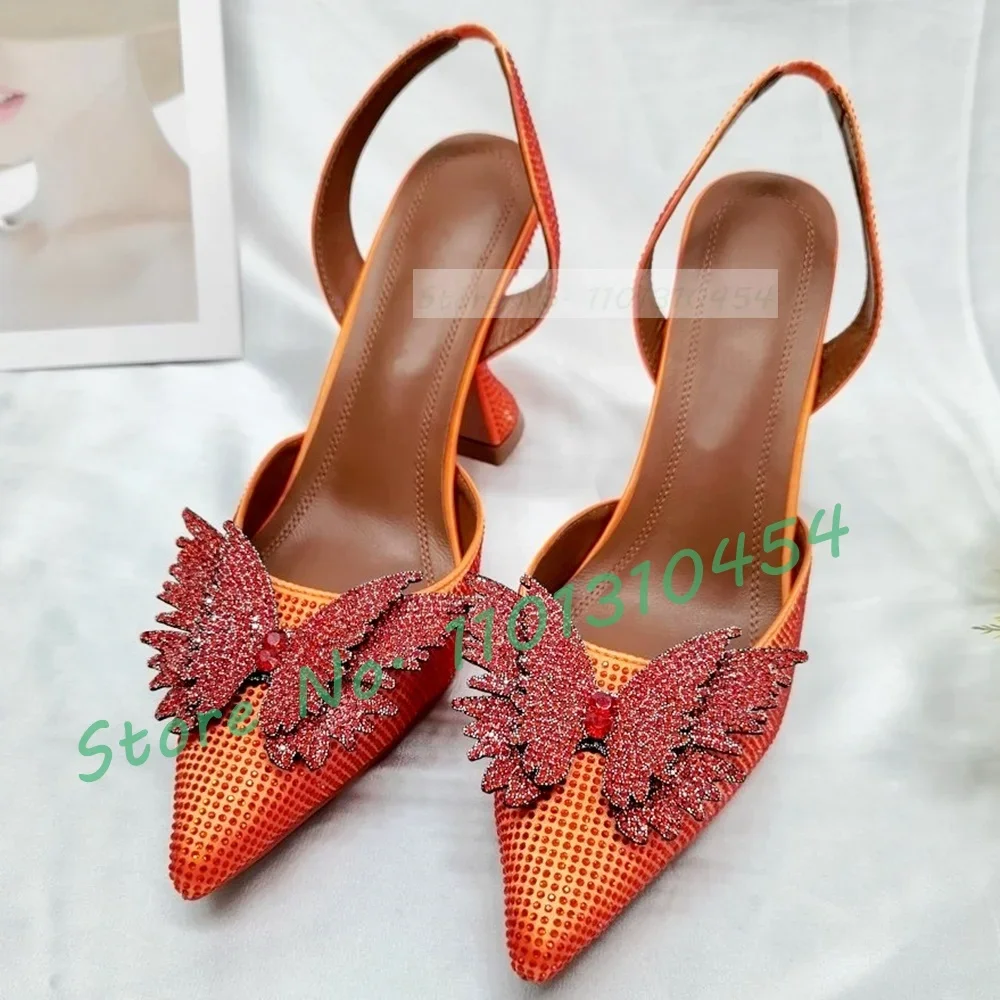 Crystal Butterfly Pointy Sandals Women Bling Wine Glass Heel Orange Satin Shoes Real Leather Luxury Back Strap Trending Sandal