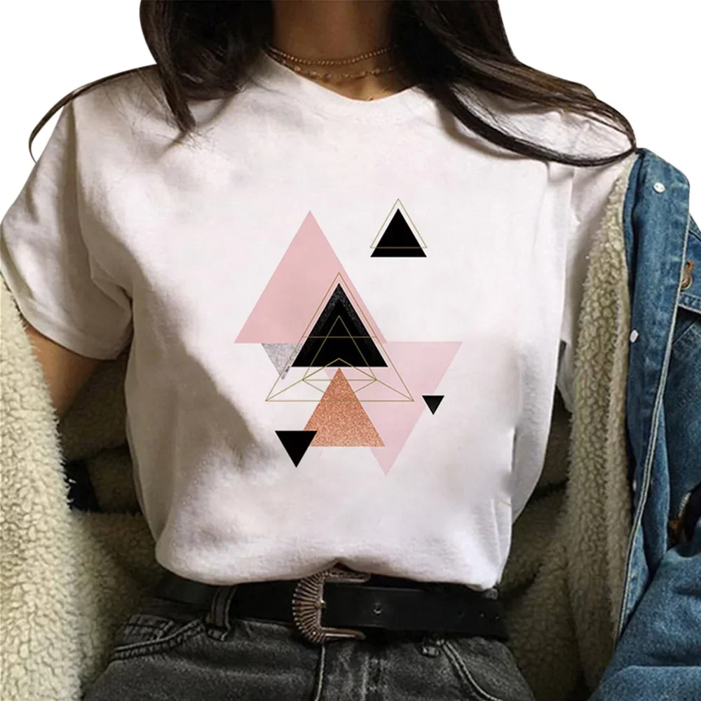 E25 bella geometria stampata T-shirt grafica top Tee carino manica corta magliette femminili