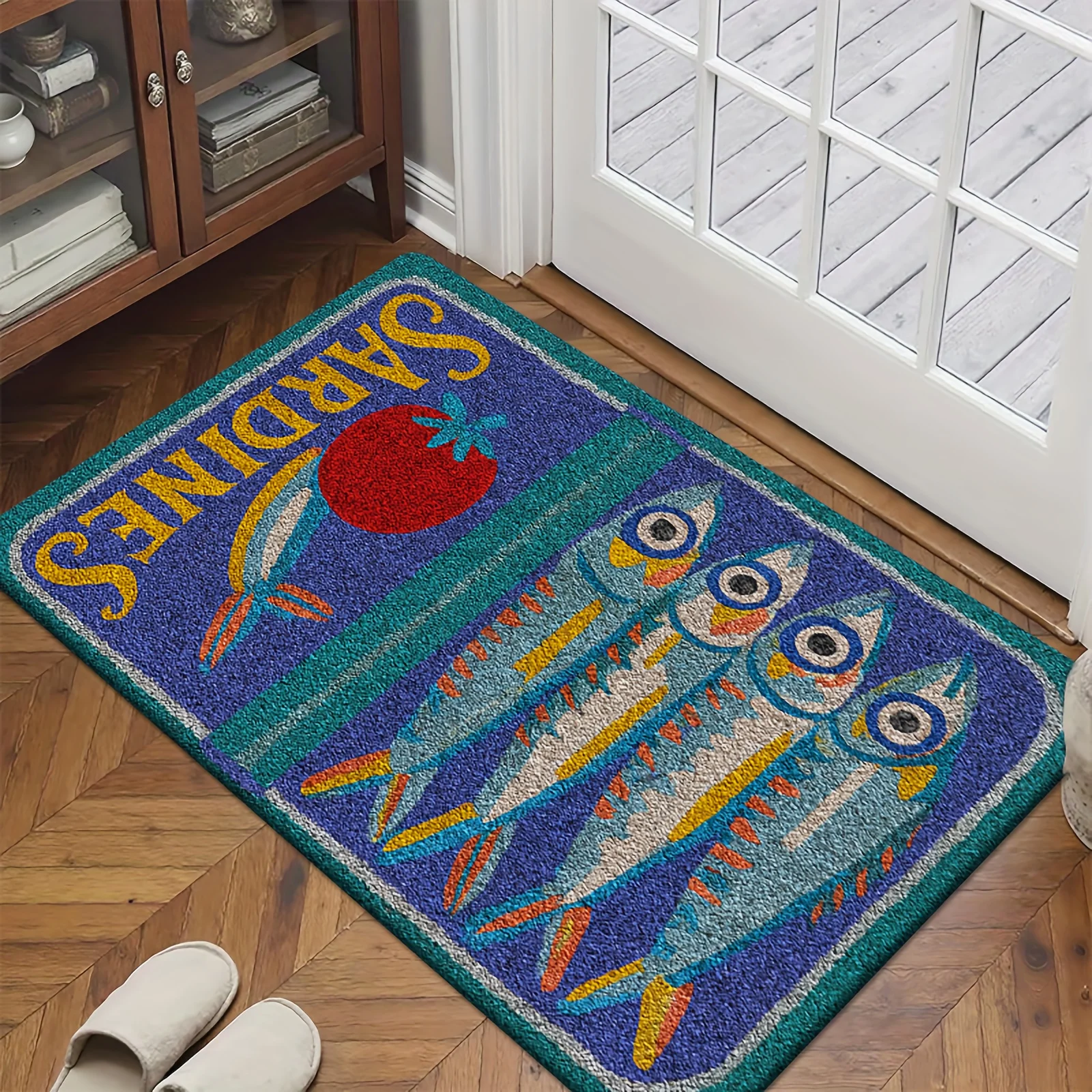 Tapis de porte en flanelle style vintage 2D avec motif sardines, poissons et tomates, antidérapant, rétro, pour cuisine, entrée et salle à manger