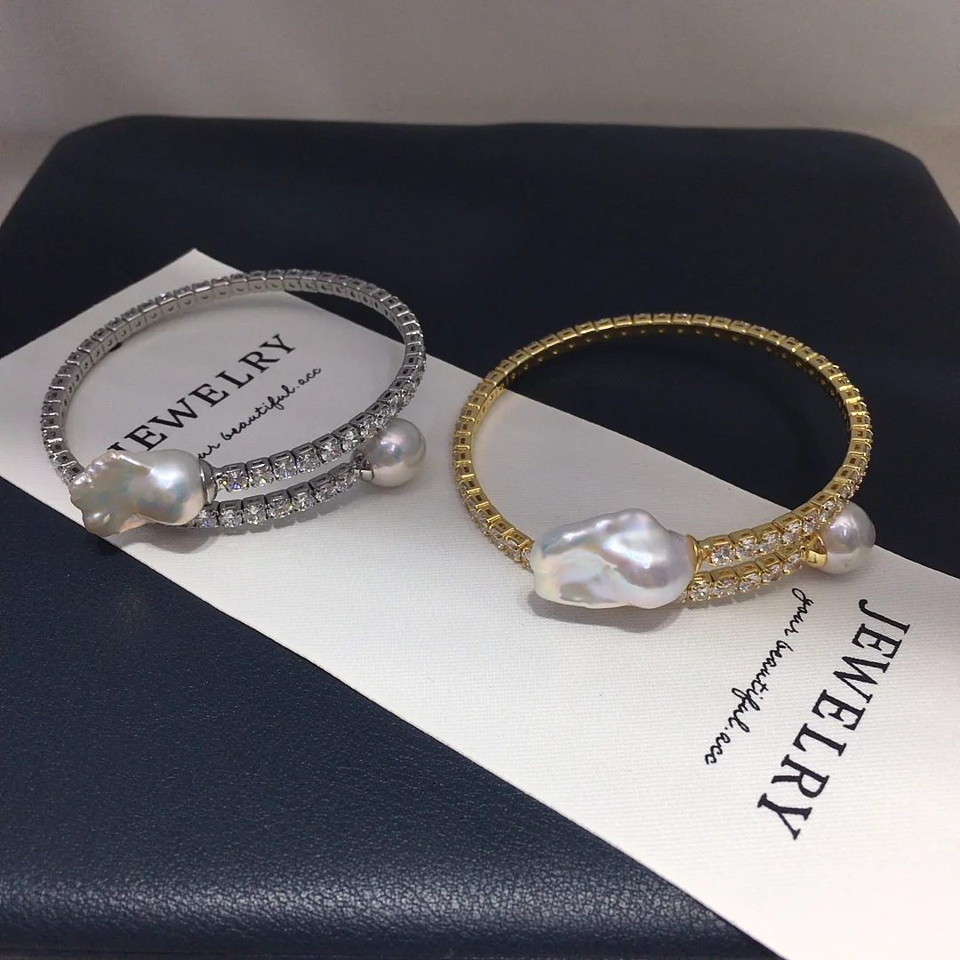Mehrschichtiges Armband mit Meerwasserperlen, starkem Glanz, AAA 9-10 14-20mm Akoya Weiße Perle, 925er Silber, barocke Brillantdiamant-Einlage