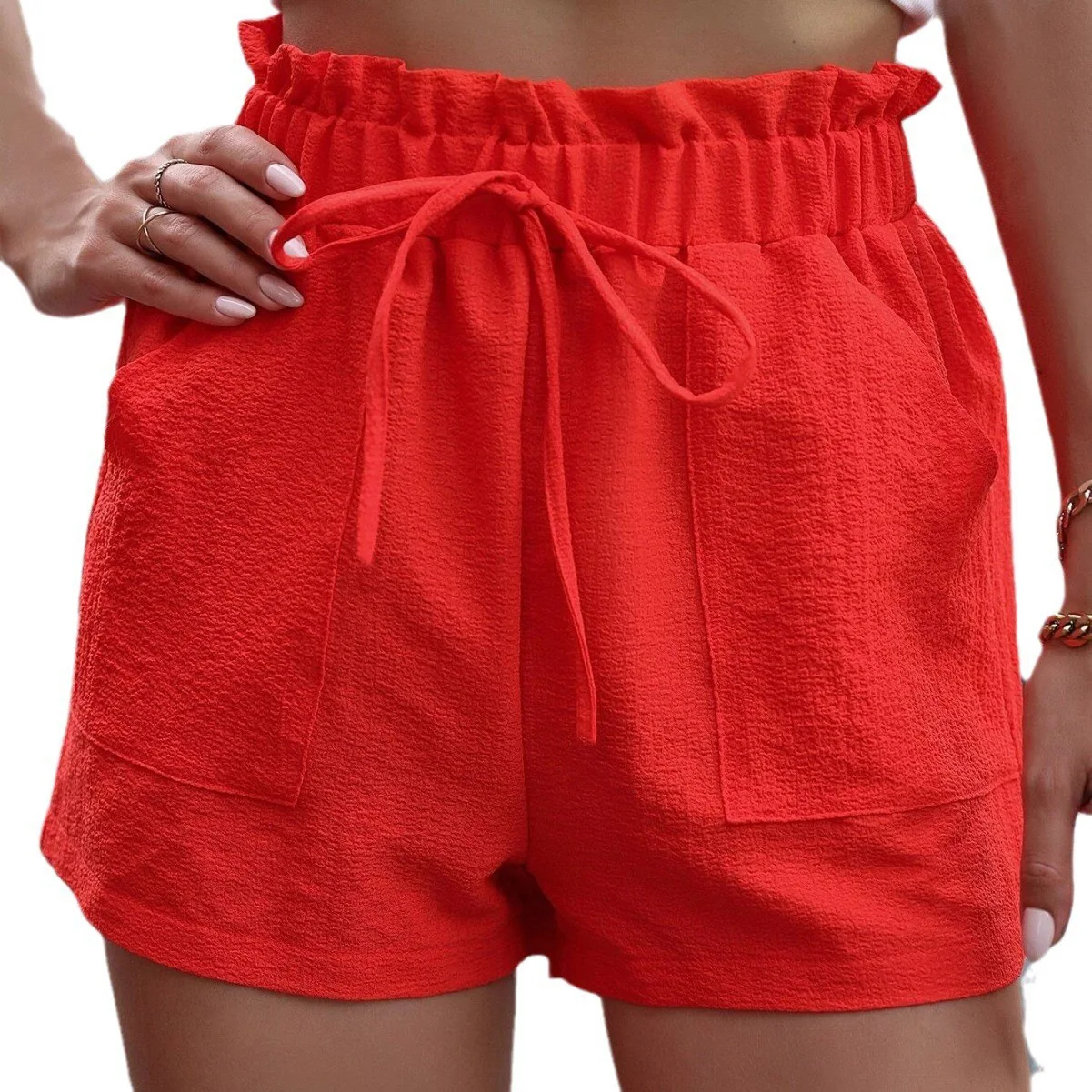 New Summer Women's Shorts Black Elastic Waist Lace-up Pocket Fashion Versatile Pants for Female